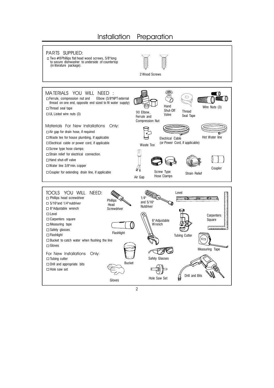 Installation preparation, Pa rts supplied, Ma terials you will need | Tools you will need | GE 206C1559P148 User Manual | Page 2 / 12