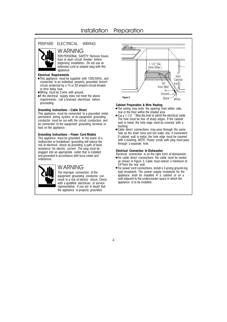Installation preparation, W arning, Prepare electrical wiring | GE 206C1559P148 User Manual | Page 4 / 12