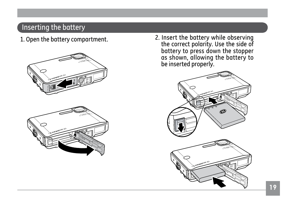 Inserting the battery, Open the battery compartment | GE E1030 User Manual | Page 23 / 110