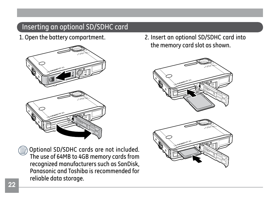 Inserting an optional sd/sdhc card | GE E1030 User Manual | Page 26 / 110