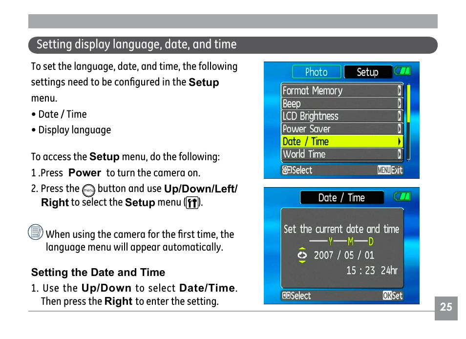 Setting display language, date, and time | GE E1030 User Manual | Page 29 / 110