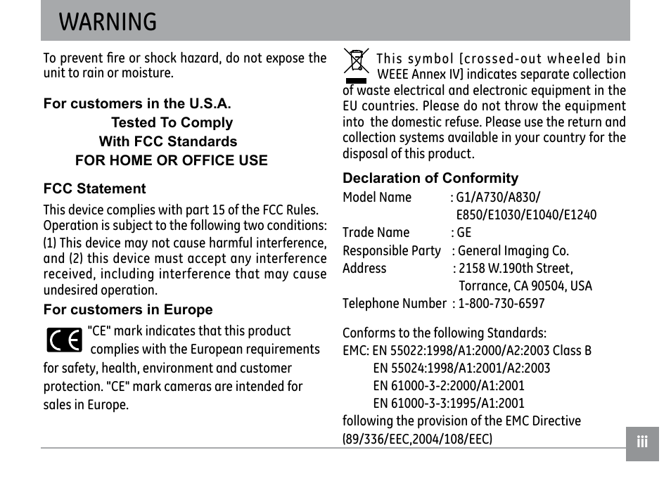 Warning | GE E1030 User Manual | Page 3 / 110