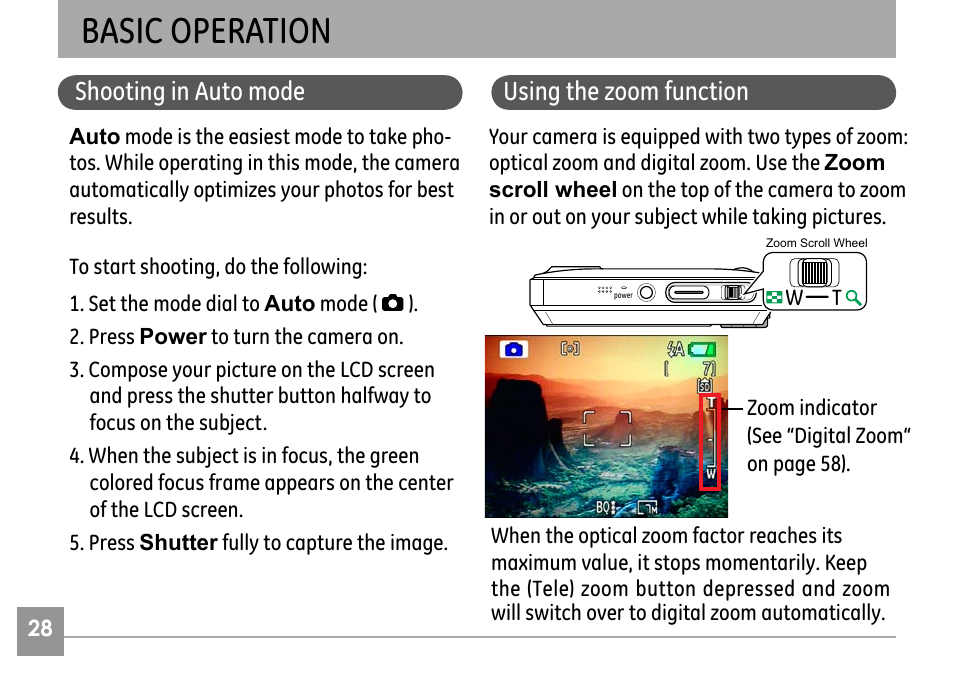 Basic operation, Shooting in auto mode, Using the zoom function | GE E1030 User Manual | Page 32 / 110