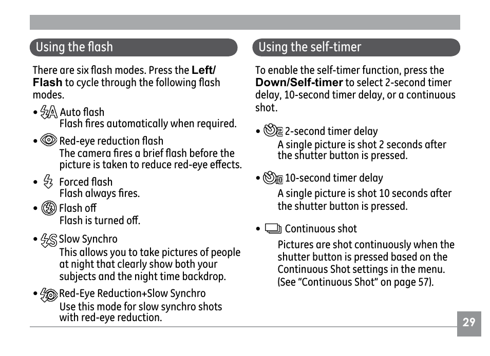 Using the flash, Using the self-timer | GE E1030 User Manual | Page 33 / 110