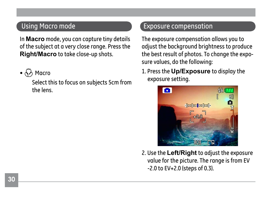 Using macro mode, Exposure compensation | GE E1030 User Manual | Page 34 / 110