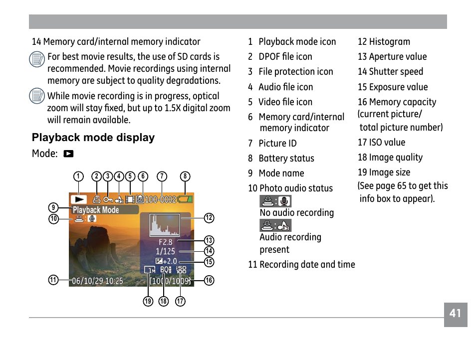 Playback mode display mode | GE E1030 User Manual | Page 45 / 110