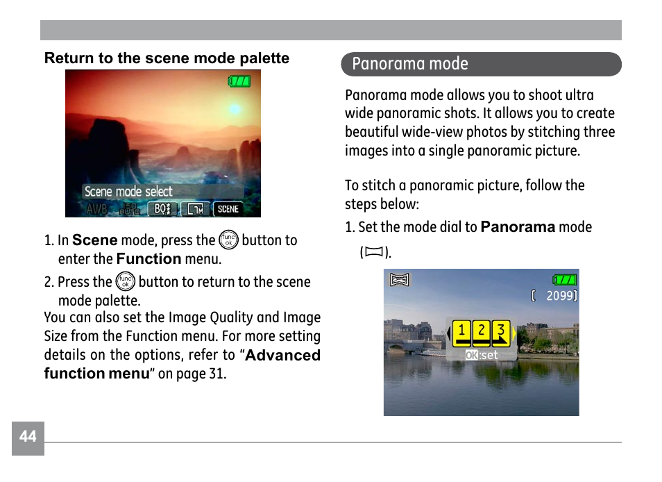 Panorama mode | GE E1030 User Manual | Page 48 / 110