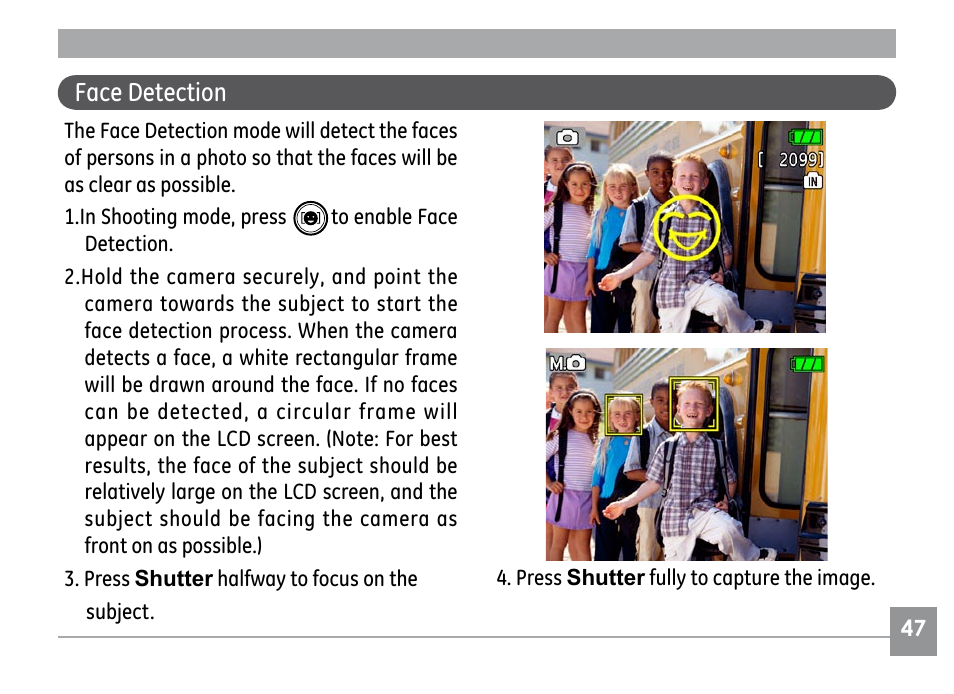 Face detection | GE E1030 User Manual | Page 51 / 110