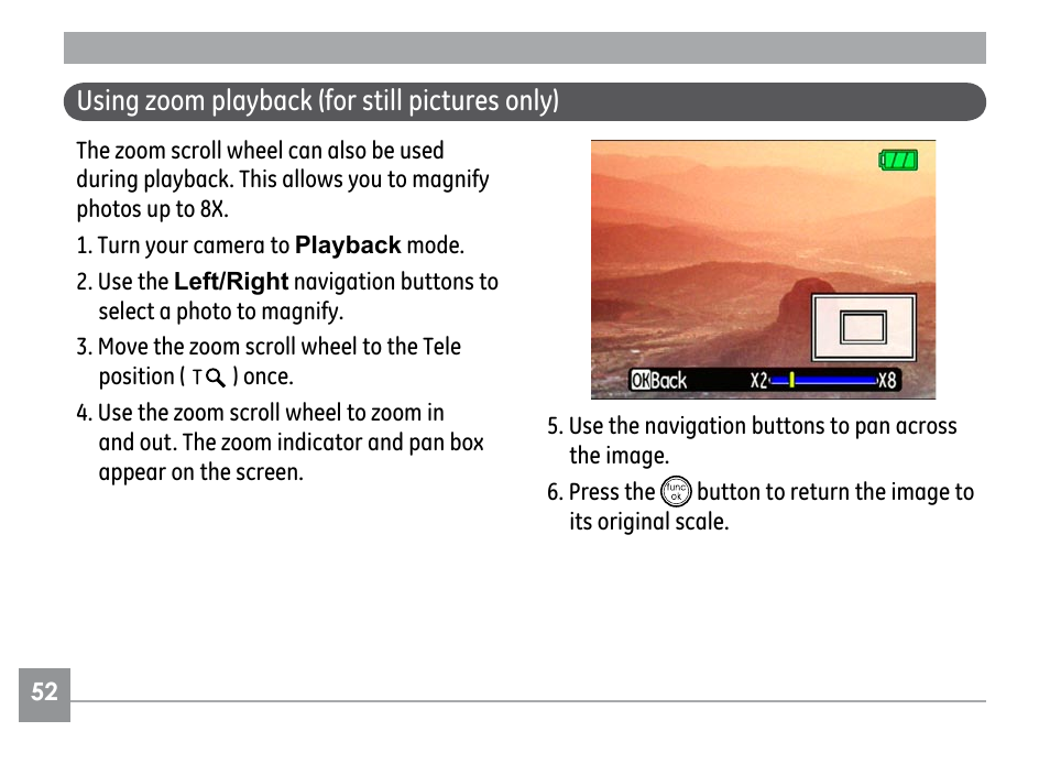 Using zoom playback (for still pictures only) | GE E1030 User Manual | Page 56 / 110