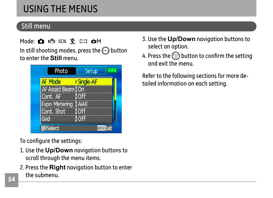 Using the menus, Still menu | GE E1030 User Manual | Page 58 / 110