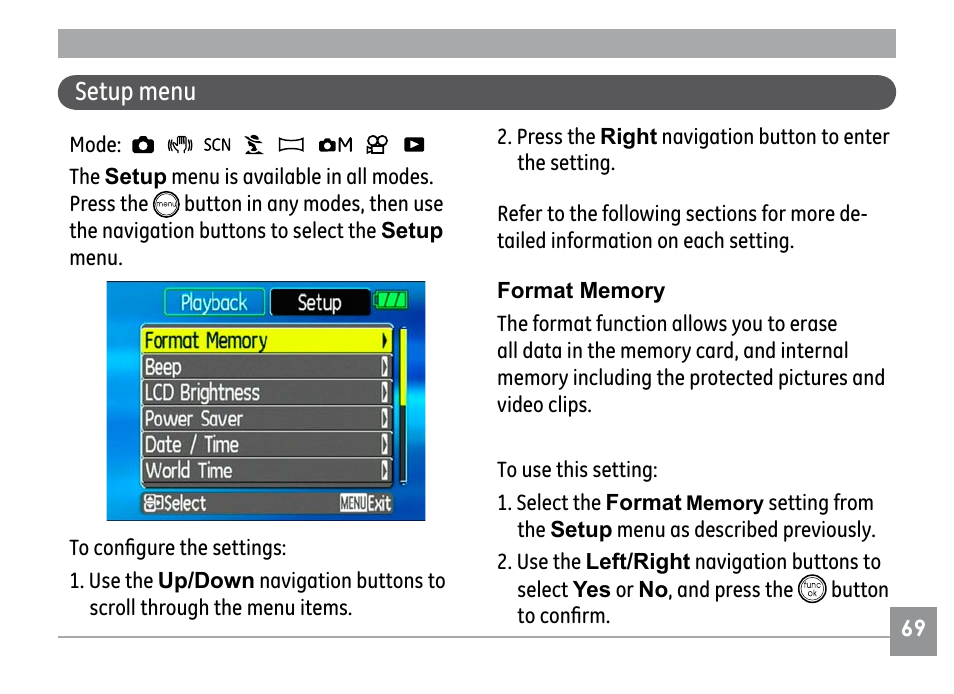 Setup menu | GE E1030 User Manual | Page 73 / 110