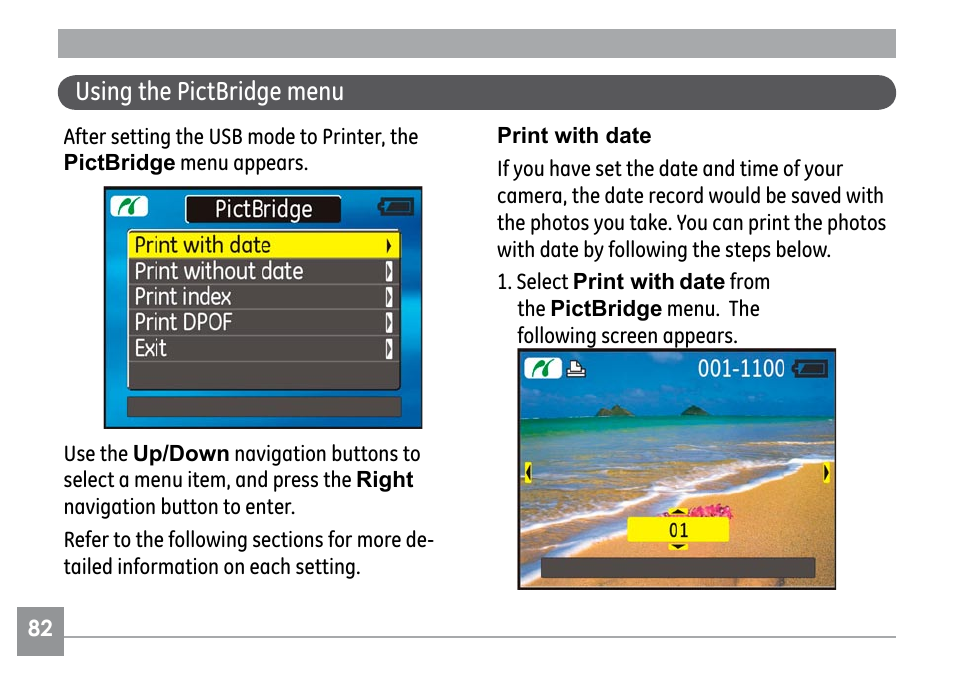 Using the pictbridge menu | GE E1030 User Manual | Page 86 / 110