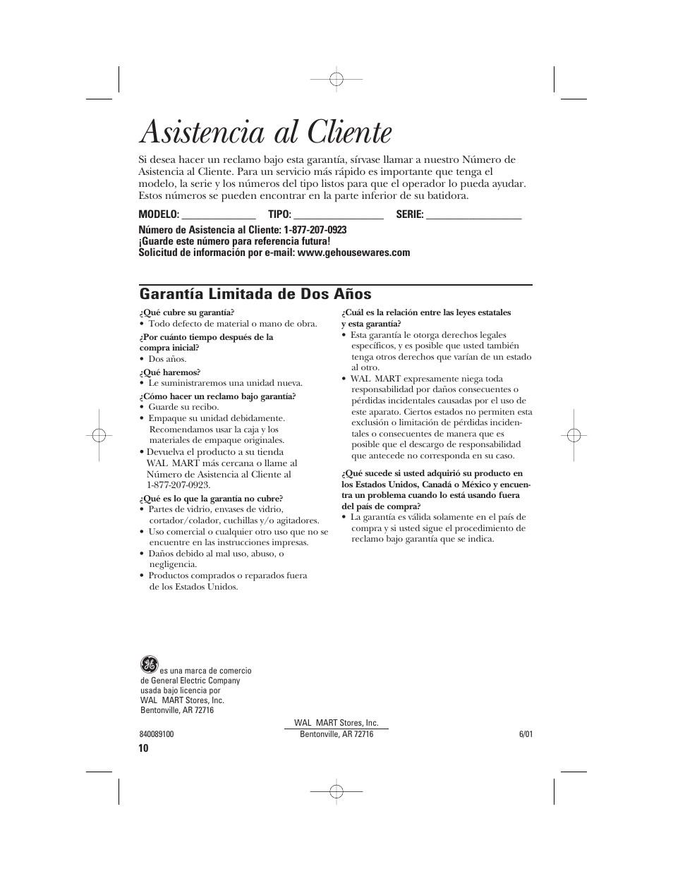 Asistencia al cliente, Garantía limitada de dos años | GE 840089100 User Manual | Page 20 / 20