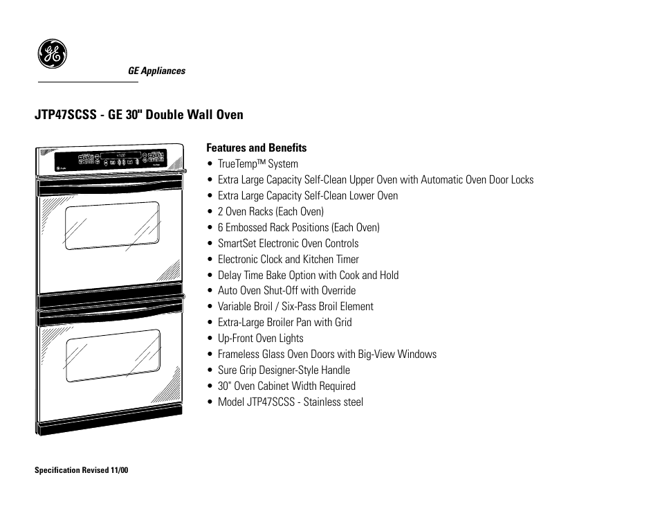 Jtp47scss - ge 30" double wall oven | GE JTP47SCSS User Manual | Page 2 / 2