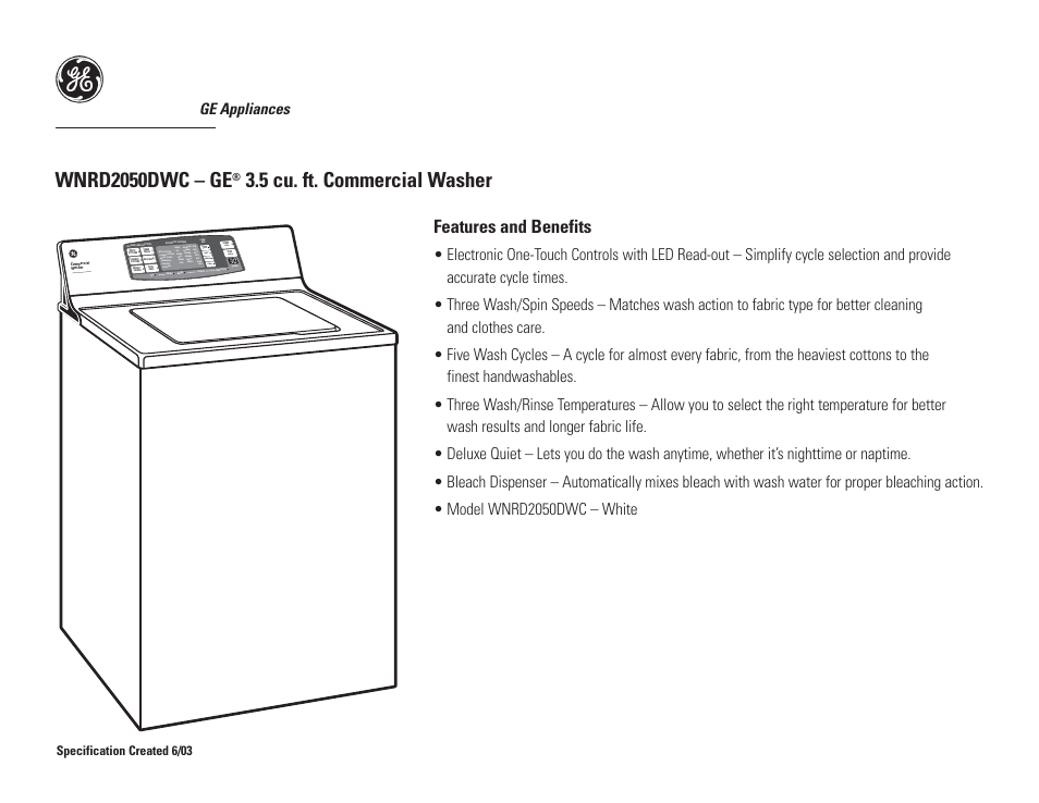 Wnrd2050dwc – ge, 5 cu. ft. commercial washer, Features and benefits | Ge appliances, Extra large large medium small est. time remaining, Pause, Cancel | GE Profile WNRD2050DWC User Manual | Page 2 / 2