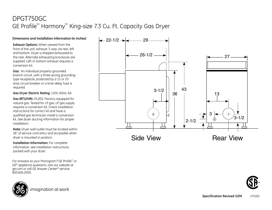 GE DPGT750GCWW User Manual | 3 pages