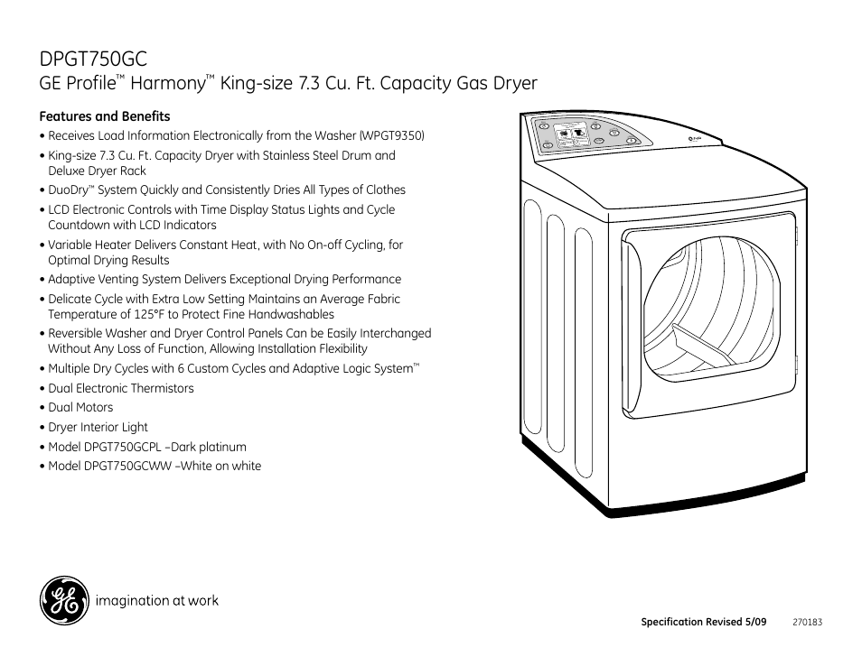 Dpgt750gc, Ge profile, Harmony | King-size 7.3 cu. ft. capacity gas dryer, Dpgt750ecww/gcww | GE DPGT750GCWW User Manual | Page 3 / 3