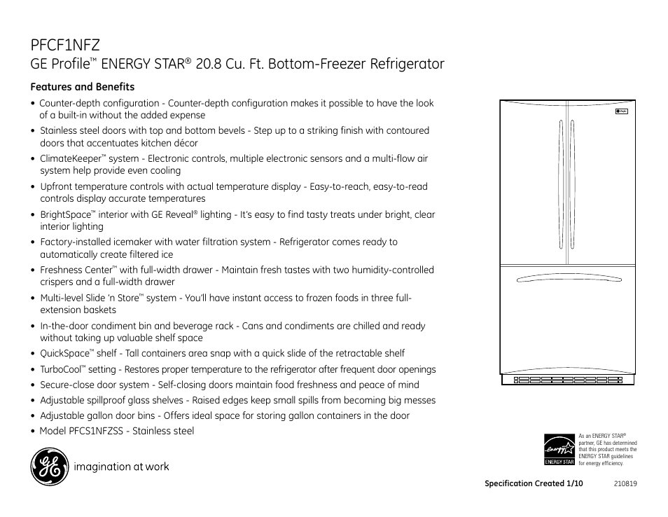 Pfcf1nfz, Ge profile, Energy star | 8 cu. ft. bottom-freezer refrigerator | GE ENERGY STAR PFCF1NFZ User Manual | Page 2 / 2