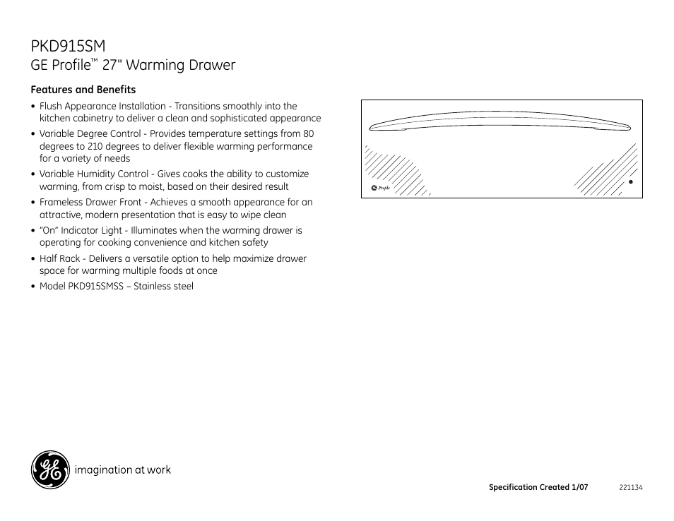 Pkd915sm, Ge profile, 27" warming drawer | GE PKD915SMSS User Manual | Page 2 / 2