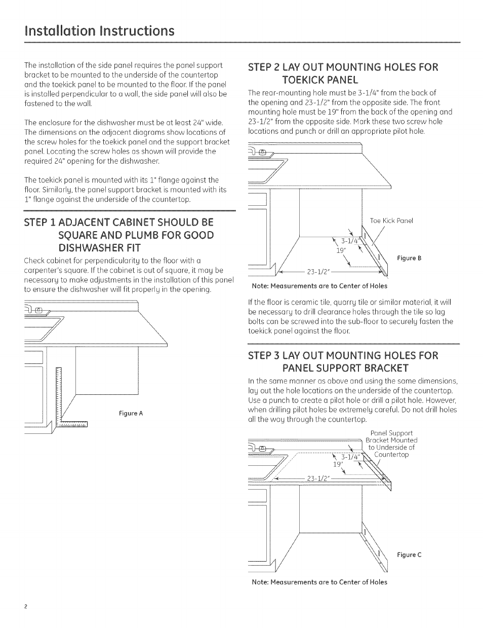Step 2 lay out mounting holes for toekick panel, Installation instructions | GE GPS5WW User Manual | Page 2 / 4