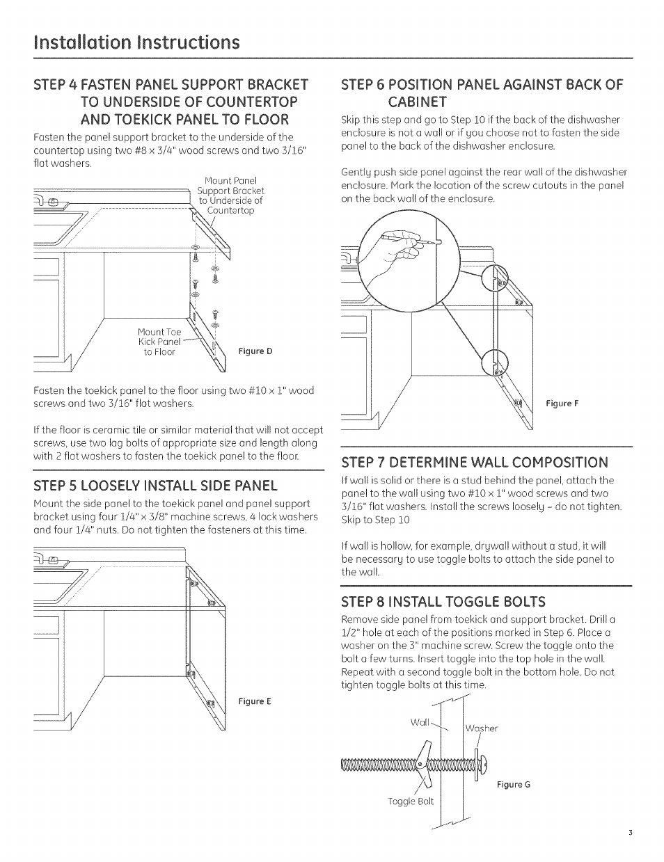 Step 5 loosely install side panel, Step 6 position panel against back of cabinet, Step 7 determine wall composition | Step 8 install toggle bolts, Installation instructions | GE GPS5WW User Manual | Page 3 / 4