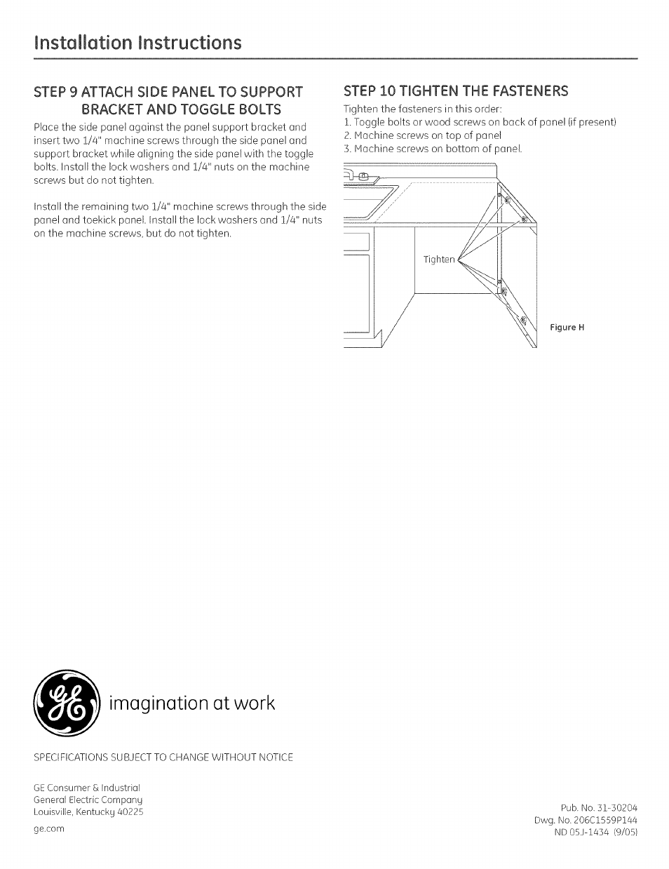 Imagination at work, Installation instructions | GE GPS5WW User Manual | Page 4 / 4