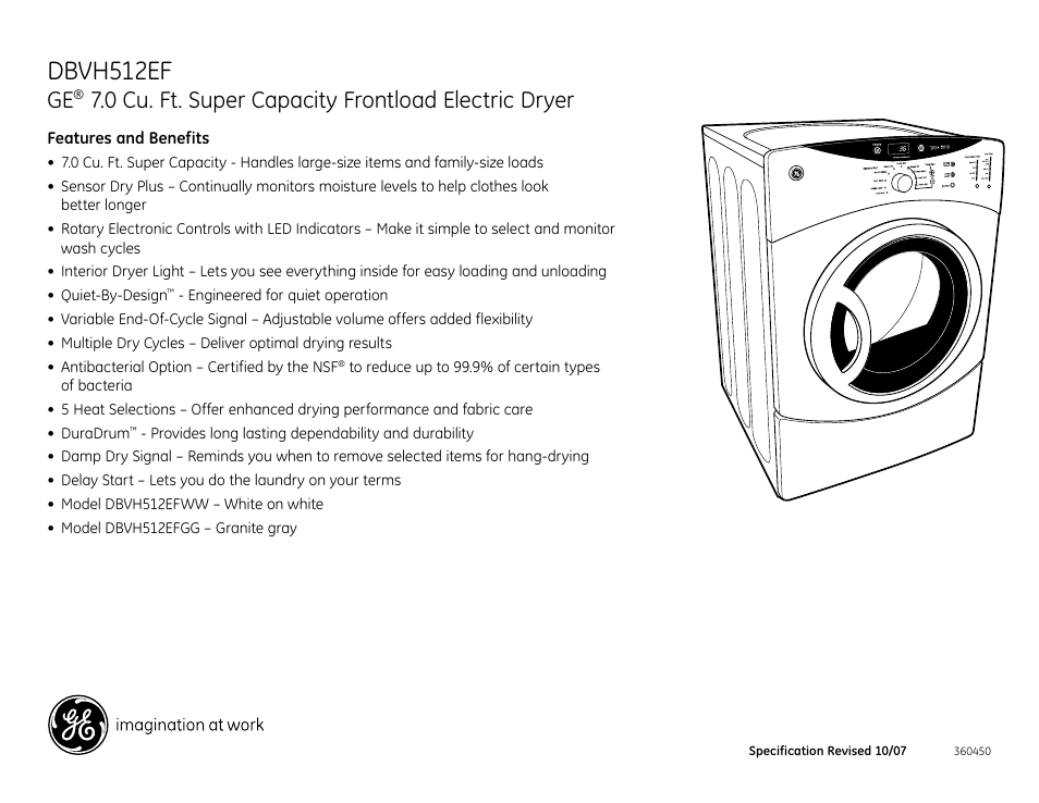 Dbvh512ef, 0 cu. ft. super capacity frontload electric dryer | GE DBVH512EF User Manual | Page 4 / 4