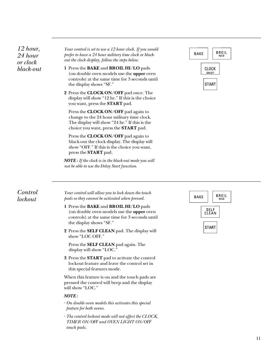 12 hour, 24 hour or clock black-out, Control lockout | GE Monogram 164D3333P095 User Manual | Page 11 / 40