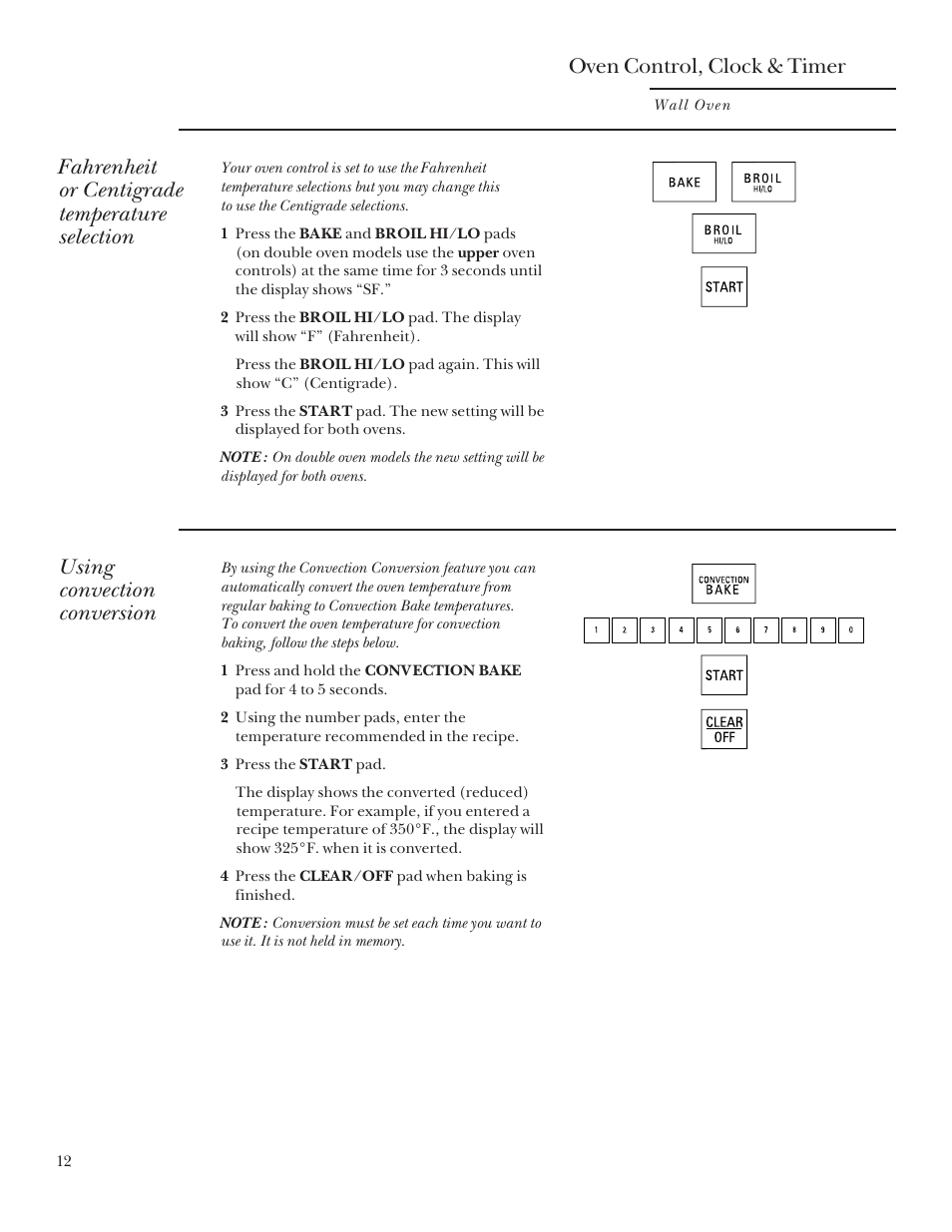 Oven control, clock & timer, Fahrenheit or centigrade temperature selection, Using convection conversion | GE Monogram 164D3333P095 User Manual | Page 12 / 40