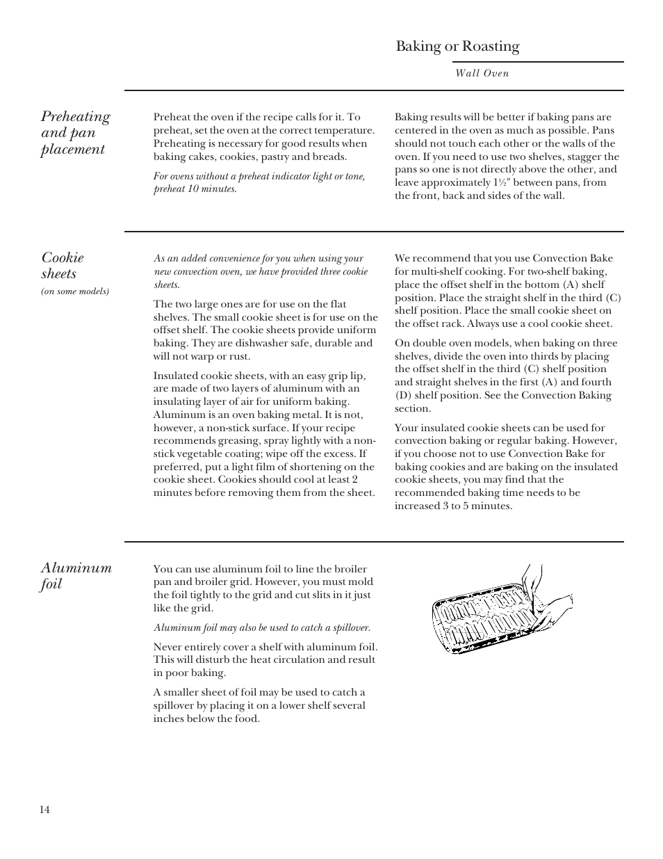 Baking or roasting, Preheating and pan placement, Cookie sheets | Aluminum foil | GE Monogram 164D3333P095 User Manual | Page 14 / 40