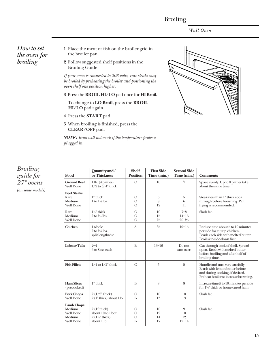 Broiling/broiling guide, Broiling, How to set the oven for broiling | Broiling guide for 27 ² ovens | GE Monogram 164D3333P095 User Manual | Page 15 / 40