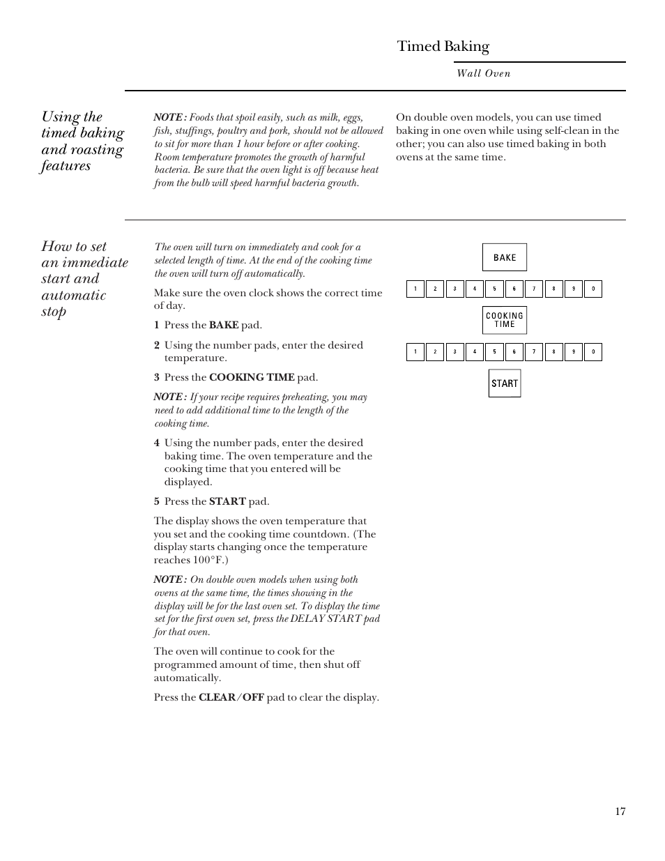 Timed baking, Using the timed baking and roasting features, How to set an immediate start and automatic stop | GE Monogram 164D3333P095 User Manual | Page 17 / 40