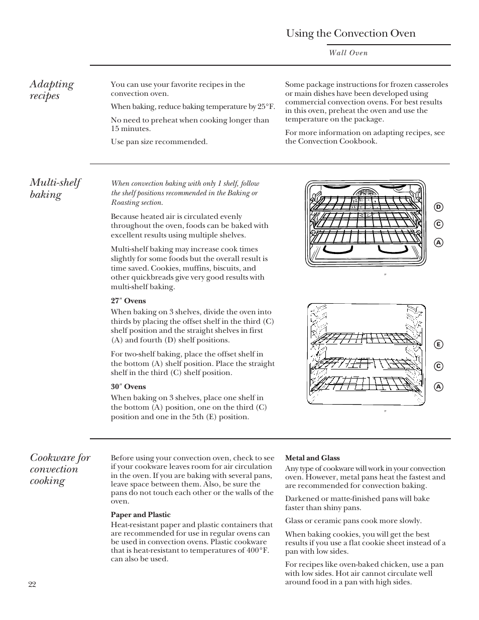 Using the convection oven, Adapting recipes, Multi-shelf baking | Cookware for convection cooking | GE Monogram 164D3333P095 User Manual | Page 22 / 40