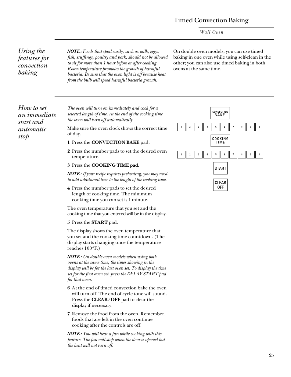 Timed convection baking, Using the features for convection baking, How to set an immediate start and automatic stop | GE Monogram 164D3333P095 User Manual | Page 25 / 40