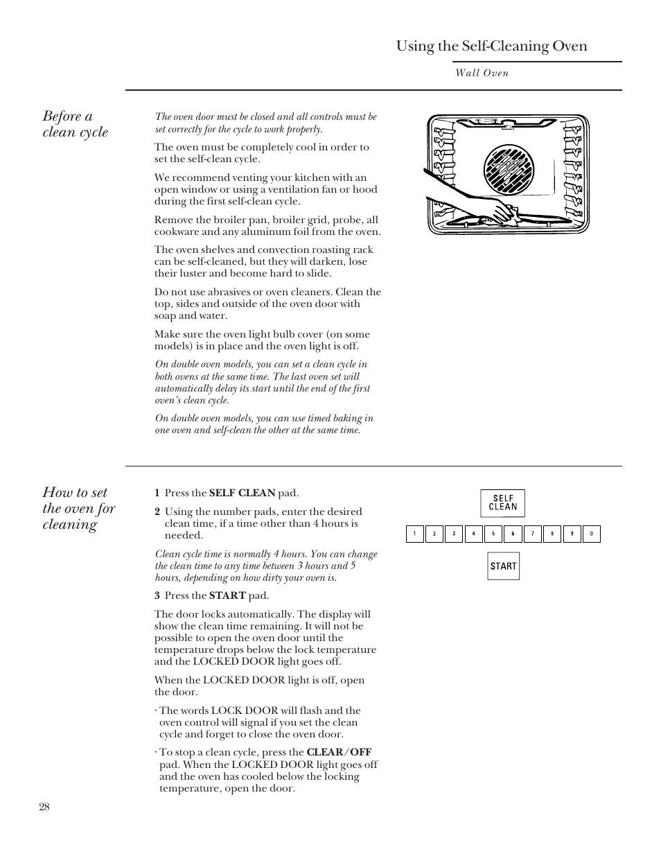 Using the self-cleaning oven, Before a clean cycle, How to set the oven for cleaning | GE Monogram 164D3333P095 User Manual | Page 28 / 40