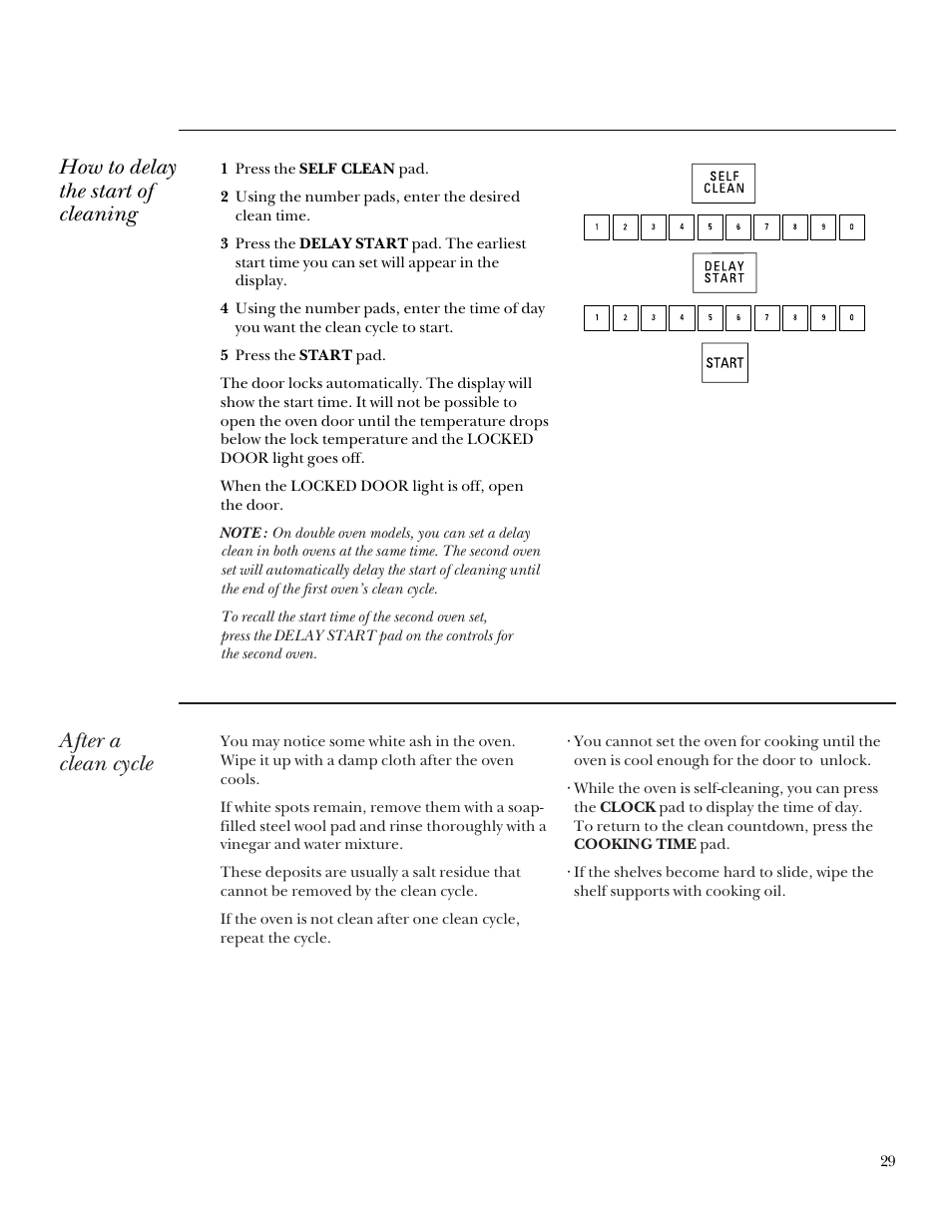 How to delay the start of cleaning, After a clean cycle | GE Monogram 164D3333P095 User Manual | Page 29 / 40