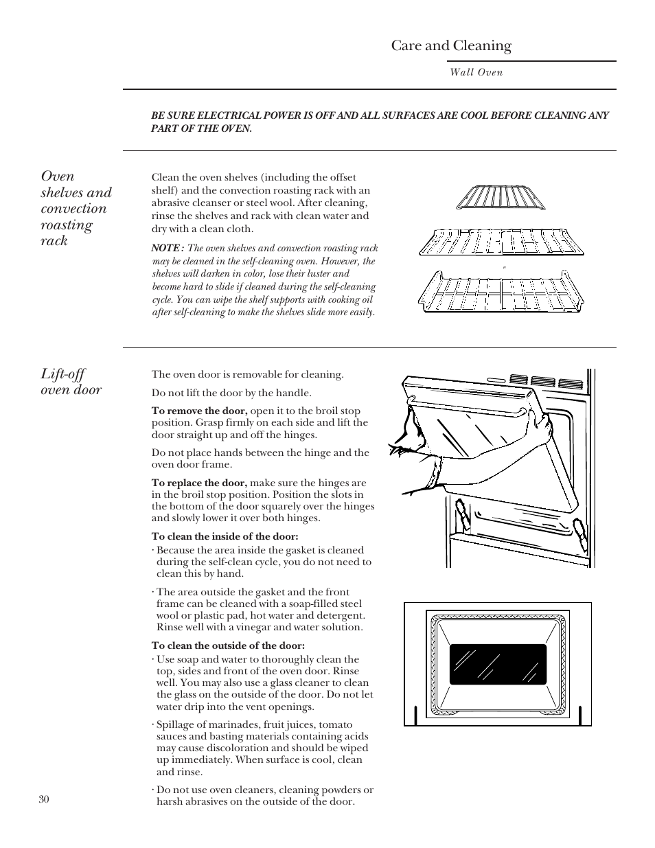 Lift-off oven door, Shelves, Care and cleaning | Oven shelves and convection roasting rack | GE Monogram 164D3333P095 User Manual | Page 30 / 40