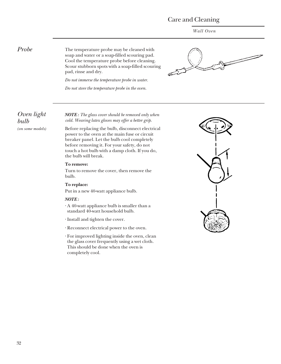 Oven light, Probe, Care and cleaning | Oven light bulb | GE Monogram 164D3333P095 User Manual | Page 32 / 40