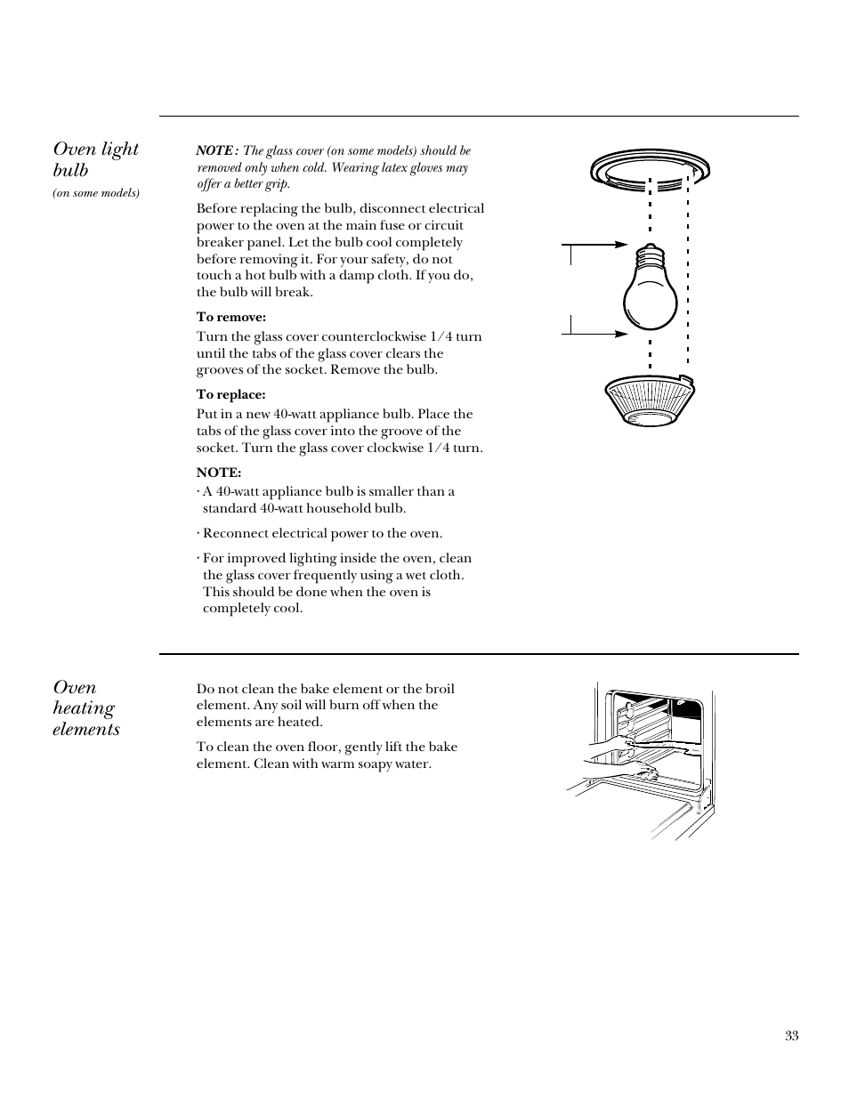 Oven light bulb, Oven heating elements | GE Monogram 164D3333P095 User Manual | Page 33 / 40