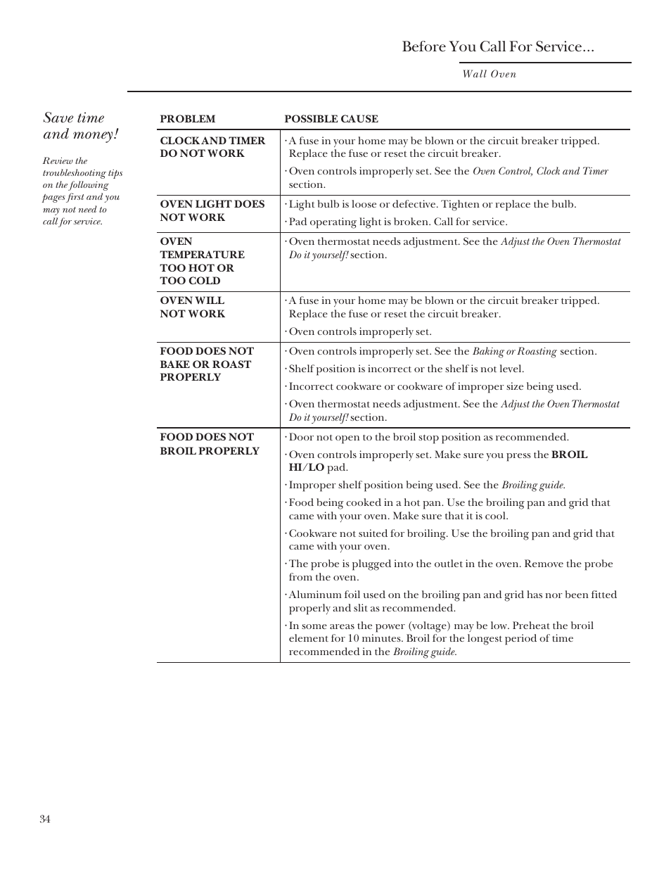Before you call for service, Save time and money | GE Monogram 164D3333P095 User Manual | Page 34 / 40
