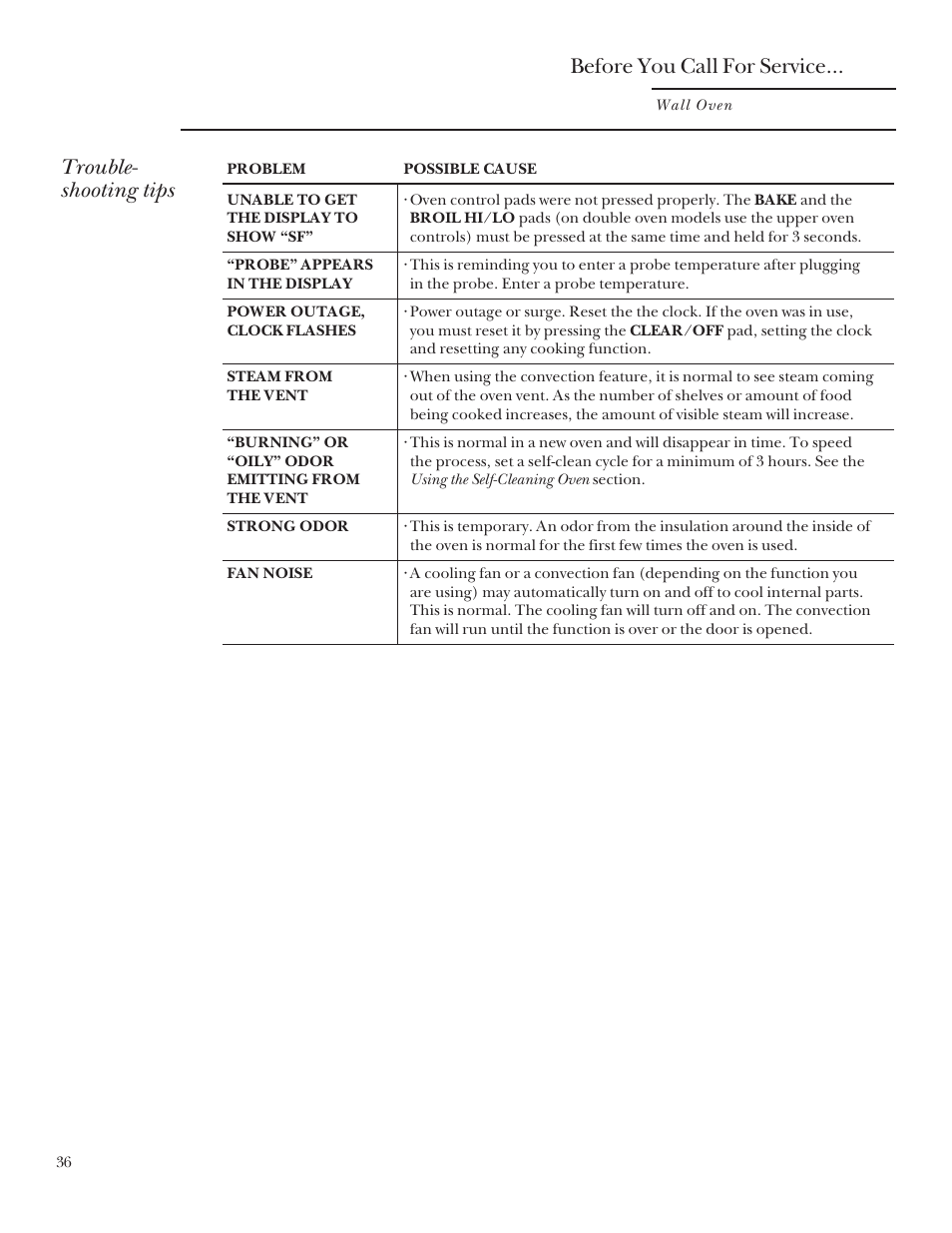 Before you call for service, Trouble- shooting tips | GE Monogram 164D3333P095 User Manual | Page 36 / 40