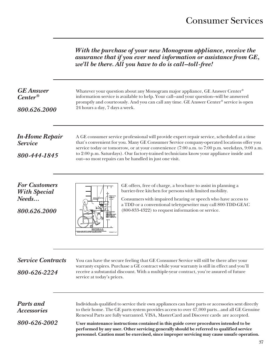 Important phone numbers, Consumer services | GE Monogram 164D3333P095 User Manual | Page 37 / 40