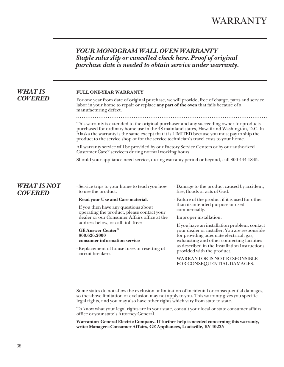 Warranty, What is not covered | GE Monogram 164D3333P095 User Manual | Page 38 / 40