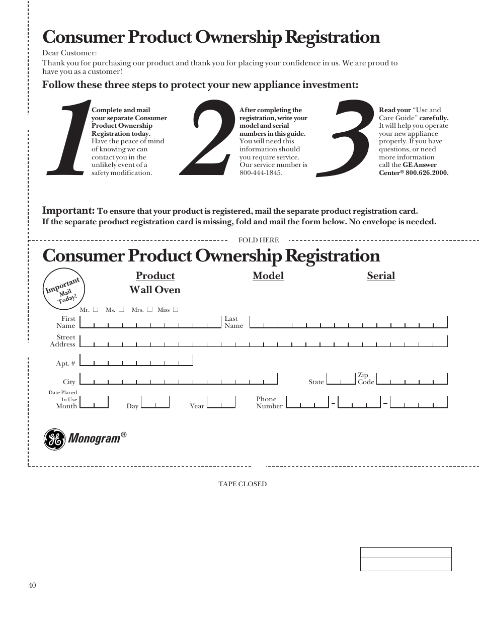 Consumer product ownership registration, Monogram | GE Monogram 164D3333P095 User Manual | Page 40 / 40