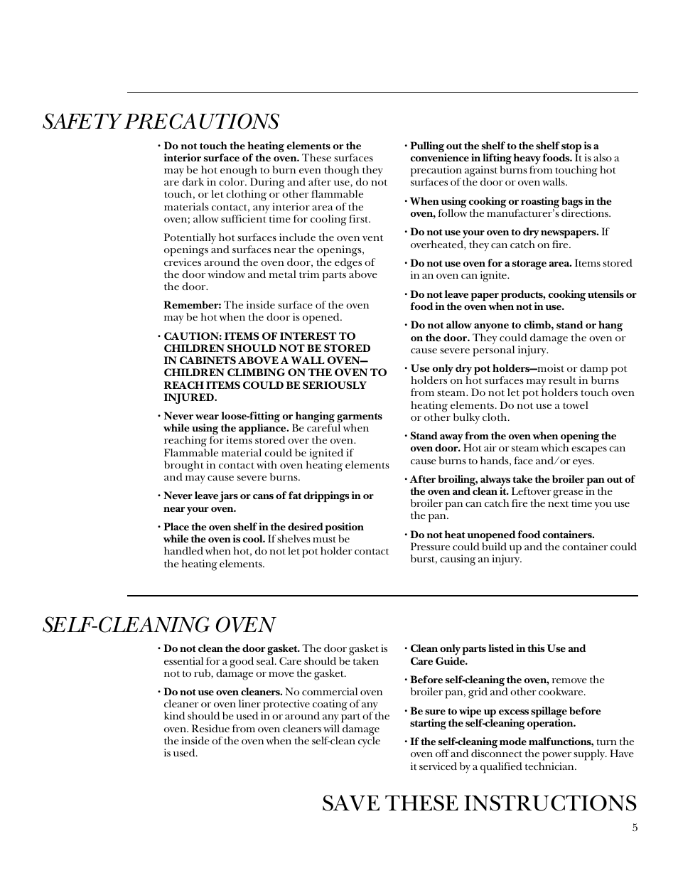 Safety precautions, Save these instructions self-cleaning oven | GE Monogram 164D3333P095 User Manual | Page 5 / 40