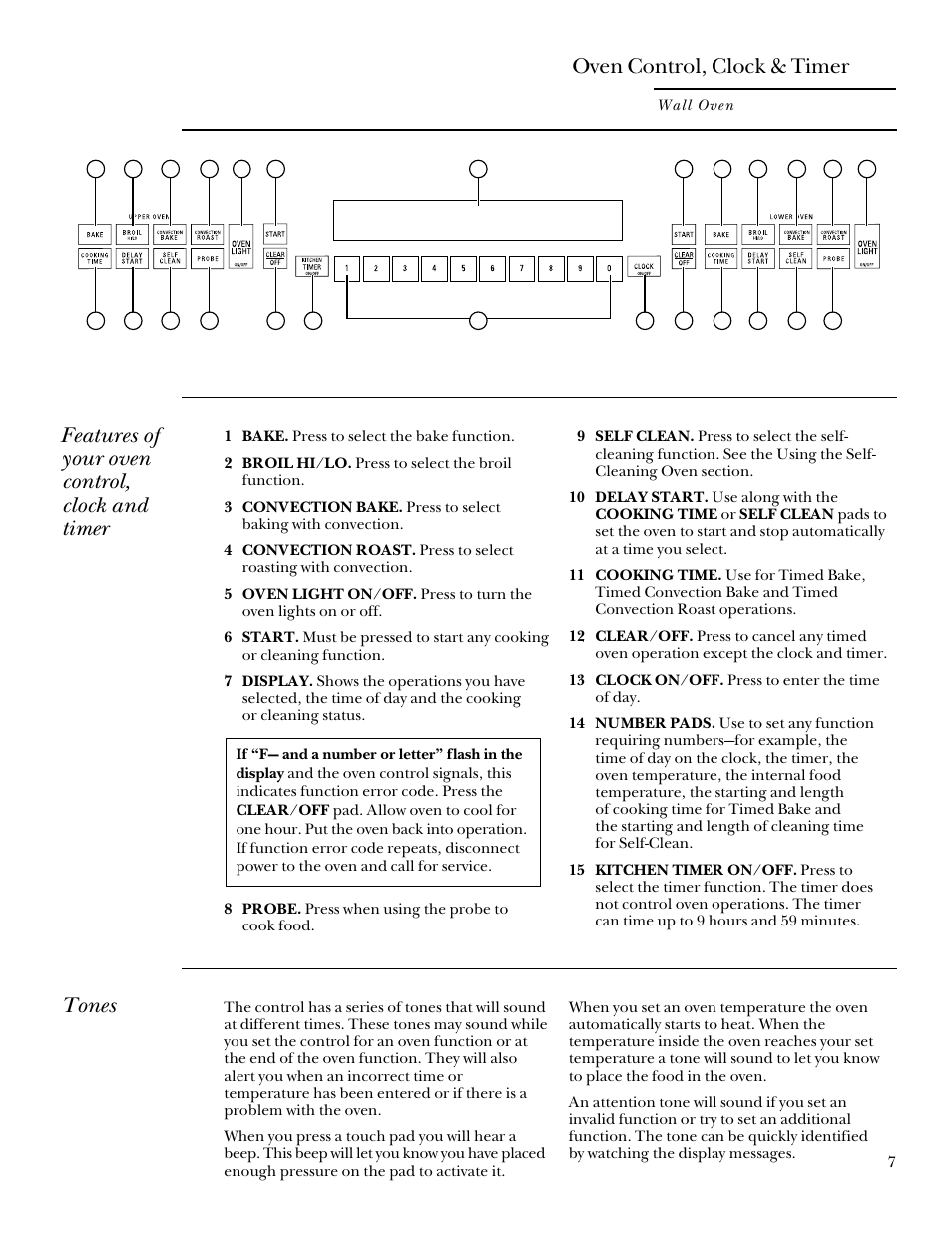 Oven control, clock and timer, Oven control, clock & timer, Features of your oven control, clock and timer | Tones | GE Monogram 164D3333P095 User Manual | Page 7 / 40