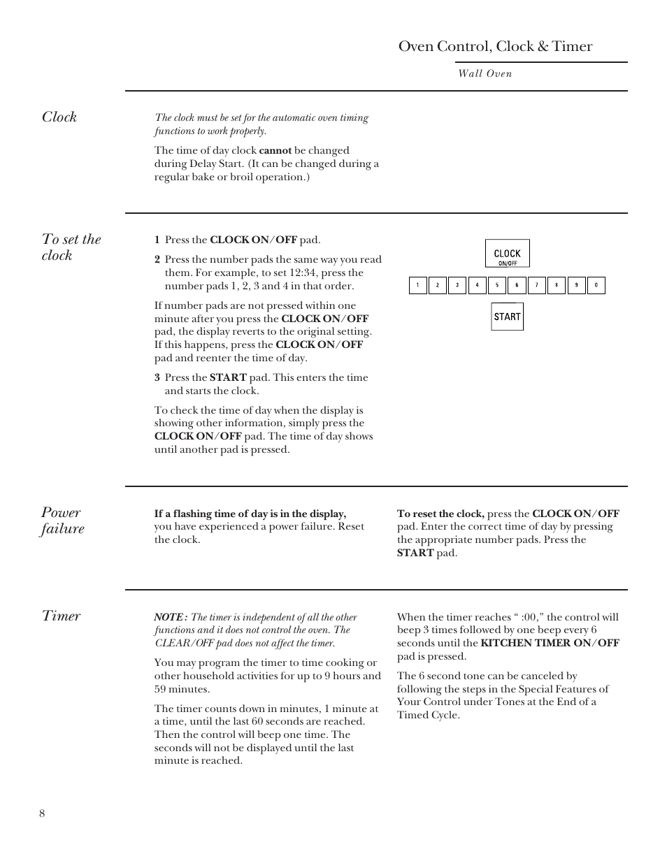 Oven control, clock & timer, Clock, Timer | Power failure | GE Monogram 164D3333P095 User Manual | Page 8 / 40