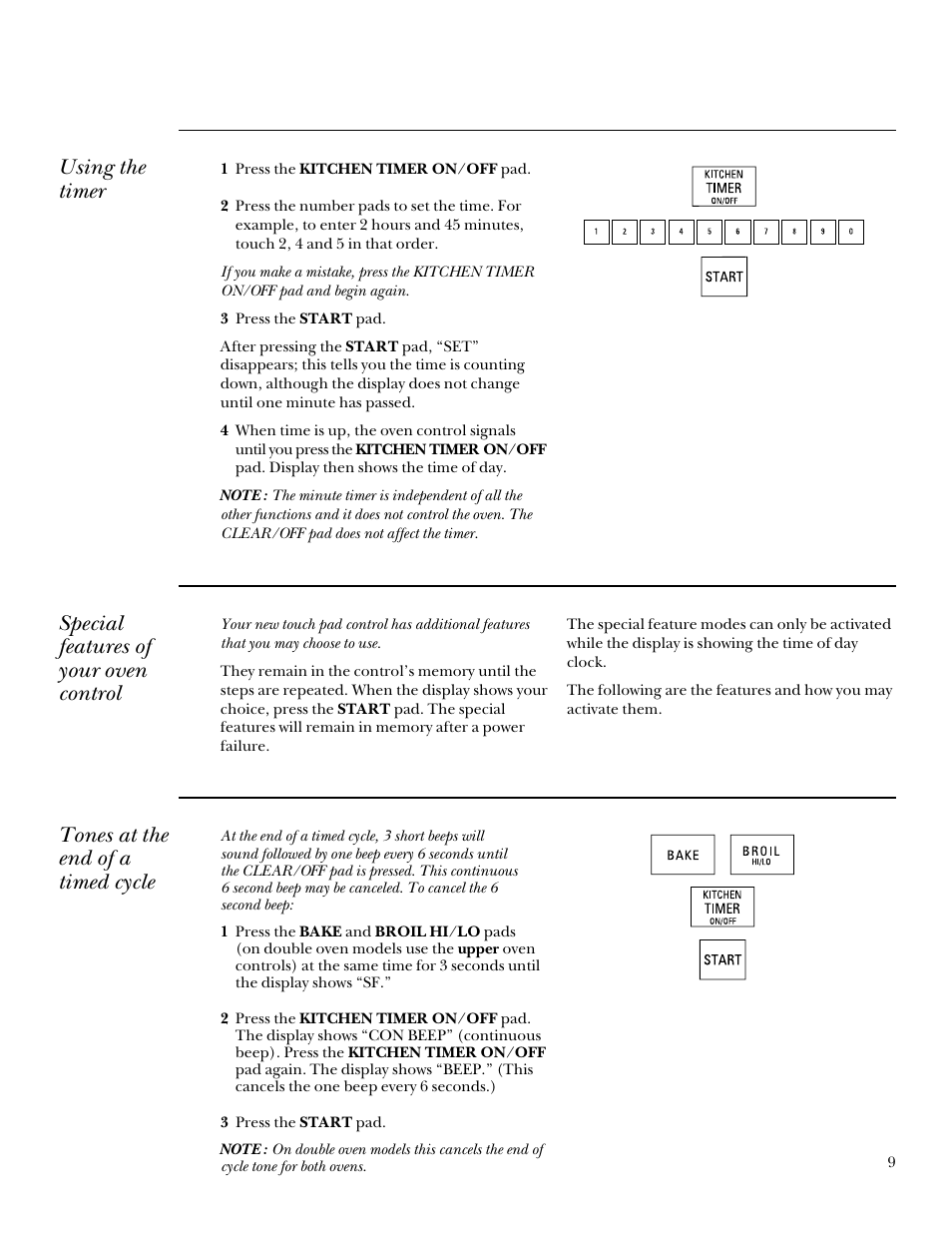 Special features of your oven control, Using the timer, Tones at the end of a timed cycle | GE Monogram 164D3333P095 User Manual | Page 9 / 40
