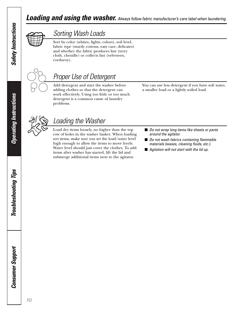 Loading and using the washer, Loading and using the washer , 11, Sorting wash loads | Proper use of detergent, Loading the washer | GE WTRE6260 User Manual | Page 10 / 16