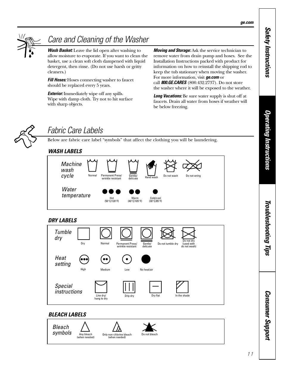 Care and cleaning of the washer, Fabric care labels, Machine wash cycle | Water temperature, Tumble dry, Heat setting, Special instructions, Bleach symbols, Wash labels dry labels bleach labels | GE WTRE6260 User Manual | Page 11 / 16